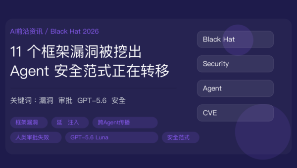 Black Hat 2026 Agent 安全风暴封面图，包含框架漏洞、人类审批失效、Check Point 研究、ScaleX 测试和 GPT-5.6 Luna 等中文关键词