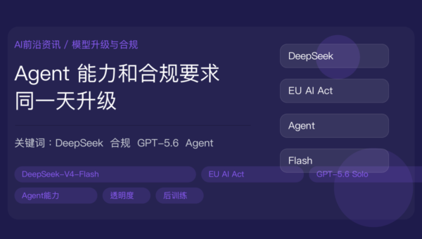DeepSeek-V4-Flash 正式上线和 EU AI Act 生效封面图，包含 Agent 能力升级、合规要求、GPT-5.6 Solo 实验和模型后训练等中文关键词
