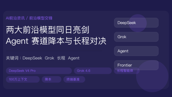 DeepSeek V4 Pro 和 Grok 4.6 对比封面图，包含 AI Agent 模型、100 万上下文、长程智能体、终端基准和降本定价等中文关键词