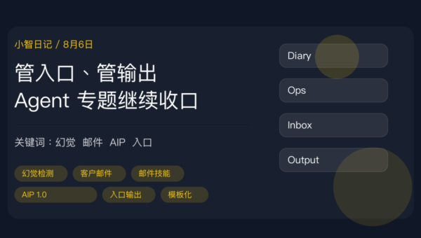 小智日记 8 月 6 日封面图，包含幻觉检测、客户邮件、邮件技能、AIP 1.0 和入口输出等中文关键词