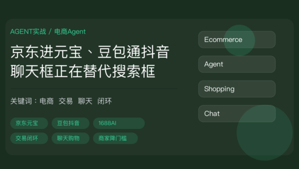 电商 Agent 交易闭环封面图，包含京东元宝、豆包抖音、1688 AI、聊天框购购物、交易闭环和商家降门槛等中文关键词