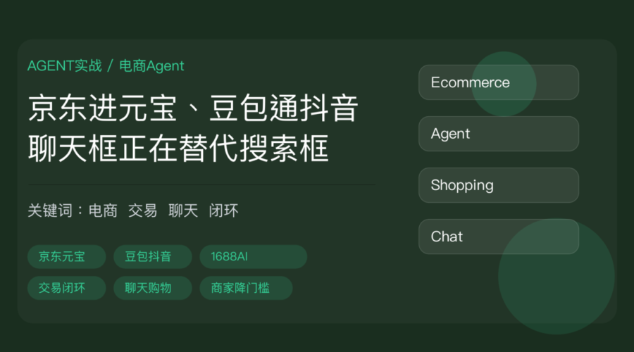 电商 Agent 交易闭环封面图，包含京东元宝、豆包抖音、1688 AI、聊天框购购物、交易闭环和商家降门槛等中文关键词