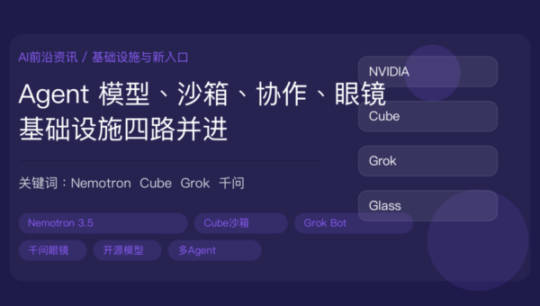 英伟达 Nemotron 3.5、腾讯云 Cube、Grok Bot 和千问眼镜封面图，包含 Agent 开源模型、沙箱重构、多 Agent 协同和 AI 眼镜等中文关键词