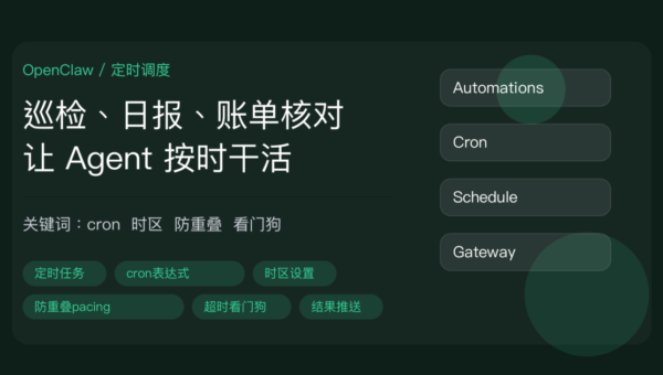 OpenClaw 定时任务配置封面图,包含 cron 表达式、时区、防重叠、超时看门狗、结果推送和定时巡检等中文关键词