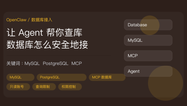 OpenClaw 接数据库封面图，包含 MySQL、PostgreSQL、MCP 数据库工具、只读账号和权限控制等中文关键词