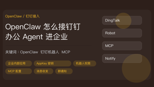 OpenClaw 接钉钉封面图，包含企业内部应用、机器人权限、MCP 配置、消息收发、群通知等中文关键词