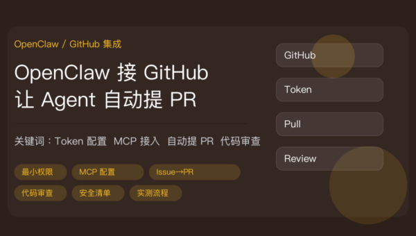 OpenClaw 接 GitHub 封面图，包含 Token 配置、MCP 接入、自动提 PR、代码审查、分支管理等中文关键词