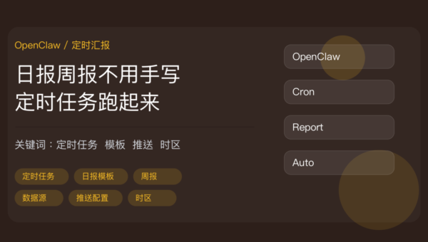OpenClaw 定时发日报周报封面图，包含定时任务、日报模板、周报、数据源、推送配置和时区等中文关键词