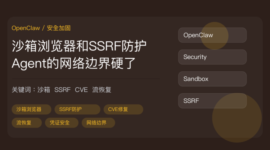 OpenClaw v2026.6.34 安全加固封面图，包含沙箱浏览器、SSRF 防护、流恢复、凭证安全、CVE 修复、Agent 网络边界等中文关键词