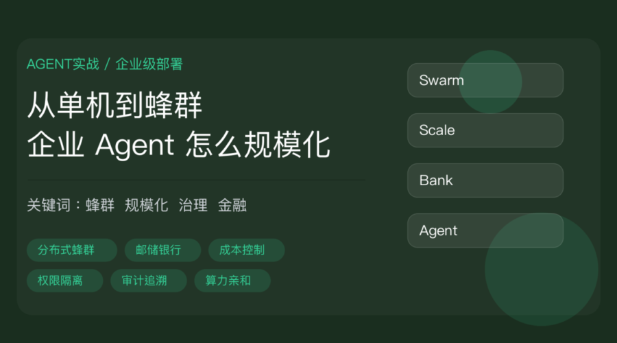 openJiuwen 蜂群架构邮储银行落地封面图，包含企业 Agent 规模化、分布式蜂群、规模成本管理安全四大门槛和金融合规等中文关键词