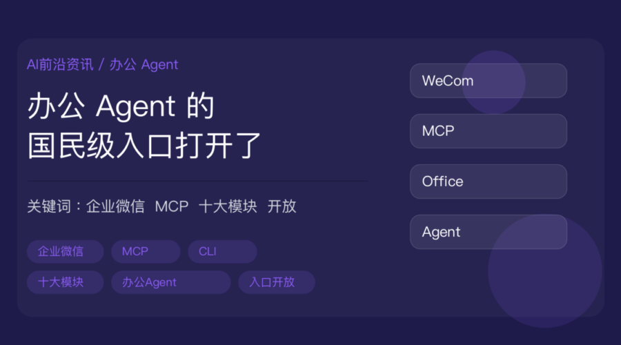 企业微信 5.0.10 开放 CLI 和 MCP 封面图，包含办公 Agent、十大办公模块、MCP 协议、国民级入口等中文关键词