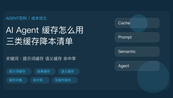 AI Agent 缓存怎么用教程封面图，包含提示词缓存、结果缓存、语义缓存、命中率、缓存中毒、成本优化等中文关键词
