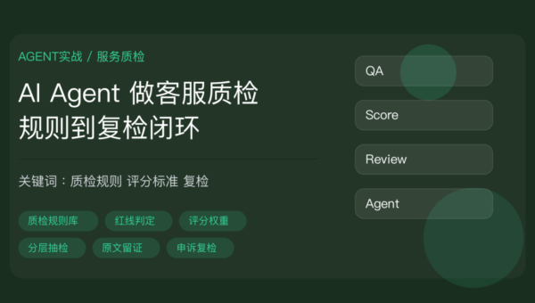AI Agent 客服质检怎么做教程封面图，包含质检规则库、红线项、评分权重、抽检比例、人工复检、口径版本等中文关键词