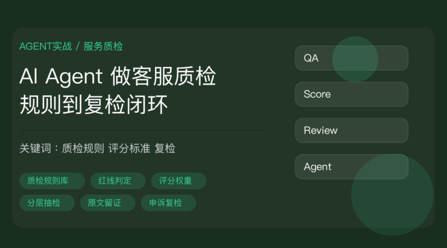 AI Agent 客服质检怎么做教程封面图，包含质检规则库、红线项、评分权重、抽检比例、人工复检、口径版本等中文关键词