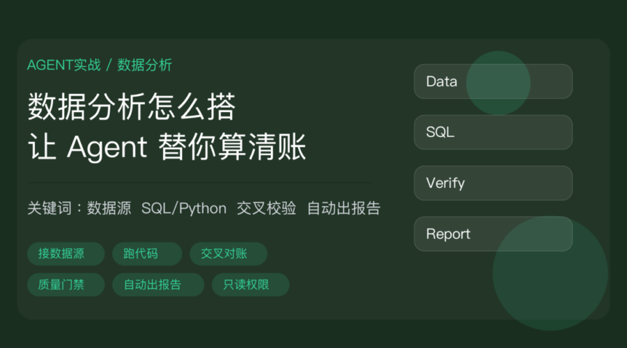 AI Agent 数据分析实战教程封面图，包含数据源连接、代码执行、交叉校验、自动出报告、质量门禁、只读权限等中文关键词