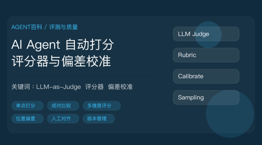 AI Agent 自动打分与 LLM-as-Judge 评分器设计、偏差校准示意图