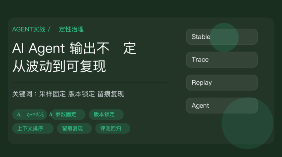 AI Agent 输出不稳定怎么排查教程封面图，包含采样参数固定、模型版本锁定、上下文漂移、上下文管理、留痕复现、评测回归等中文关键词