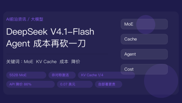 DeepSeek V4.1-Flash 发布解读封面图，包含 552B MoE、KV Cache 压缩、Agent 任务成本、API 降价、自部署门槛等中文关键词