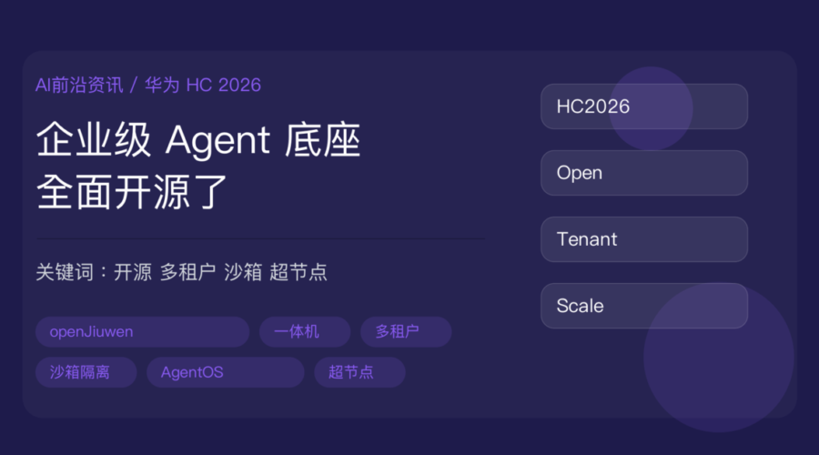 华为全联接大会 2026 企业级 Agent 平台开源解读封面图，包含 openJiuwen、一体机、多租户、沙箱隔离、超节点等中文关键词