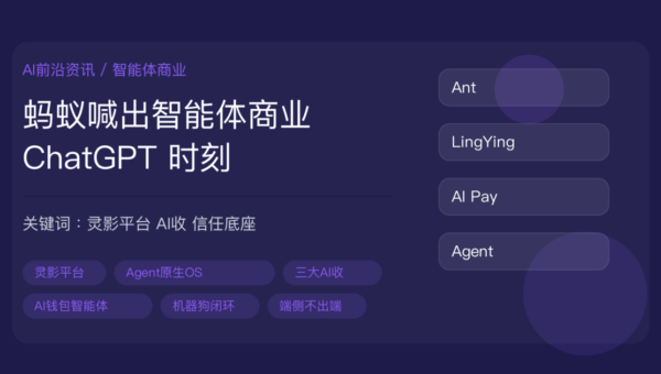 2026 外滩大会蚂蚁智能体商业资讯封面图，包含灵影 Agent 原生平台、AI 收能力、AI 钱包智能体、机器狗自主支付、信任底座等中文关键词