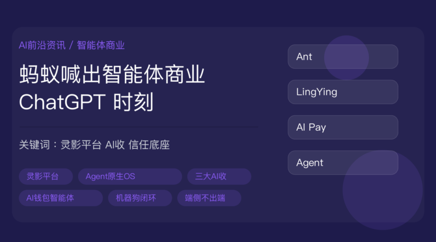 2026 外滩大会蚂蚁智能体商业资讯封面图，包含灵影 Agent 原生平台、AI 收能力、AI 钱包智能体、机器狗自主支付、信任底座等中文关键词