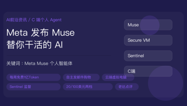 Meta 发布个人 AI 智能体 Muse 资讯封面图，包含发邮件、管日程、下单购物、每周1亿Token、Muse Secure VM、Sentinel 监督、20美元订阅等中文关键词