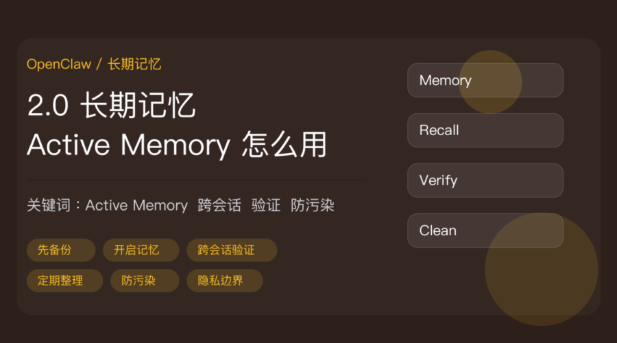 OpenClaw 2.0 Active Memory 长期记忆教程封面图，包含记忆开启、跨会话验证、定期整理、防污染、隐私边界等中文关键词