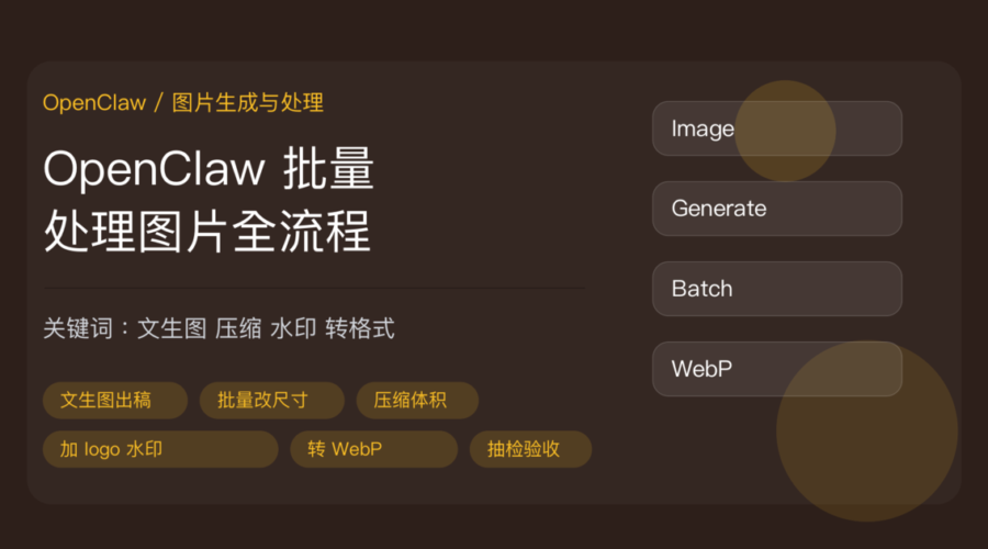 OpenClaw 批量处理图片教程封面图，包含文生图、改尺寸、压缩、加水印、格式转换、内容配图流水线等中文关键词