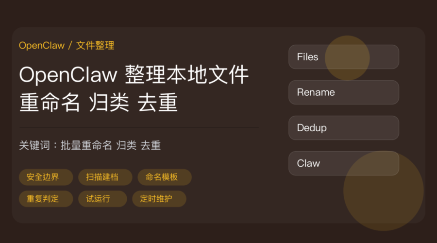 OpenClaw 整理本地文件教程封面图，包含批量重命名、按规则归类、重复文件清理、原名映射表、试运行、定时维护等中文关键词