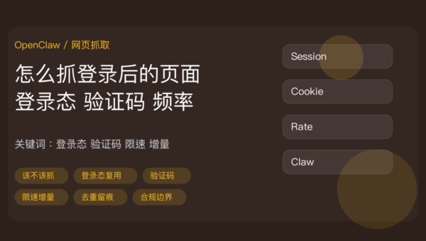 OpenClaw 抓取需要登录网页教程封面图，包含登录态保存、Cookie、验证码处理、限速增量、去重留痕等中文关键词
