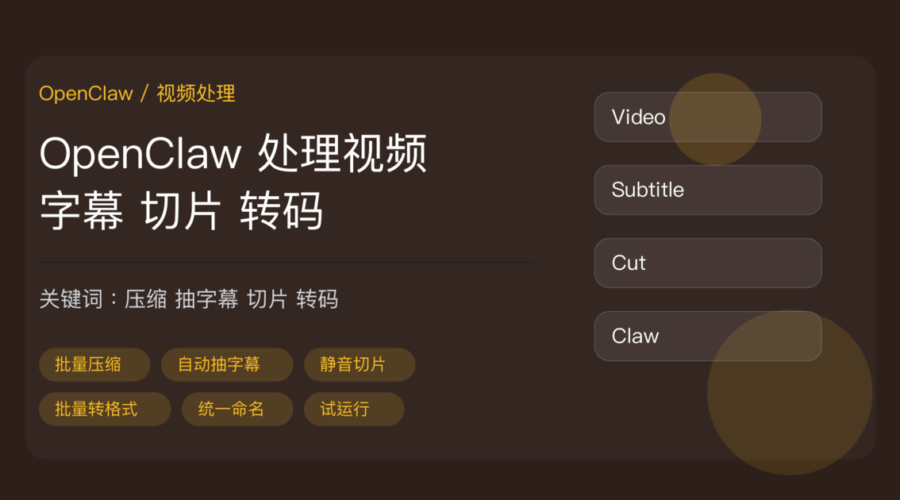 OpenClaw 处理视频教程封面图，包含批量压缩、自动抽字幕、静音切片、批量转格式、统一命名、试运行等中文关键词