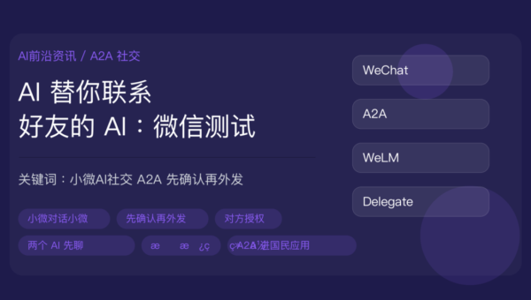 微信内测小微 AI 社交资讯封面图，包含 A2A 对话、AI 代聊、先确认再外发、对方授权、用户拍板、微信智能体等中文关键词