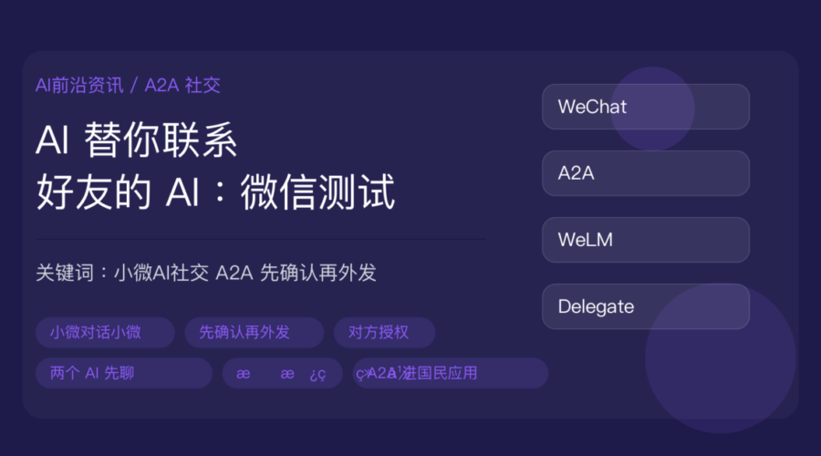 微信内测小微 AI 社交资讯封面图，包含 A2A 对话、AI 代聊、先确认再外发、对方授权、用户拍板、微信智能体等中文关键词