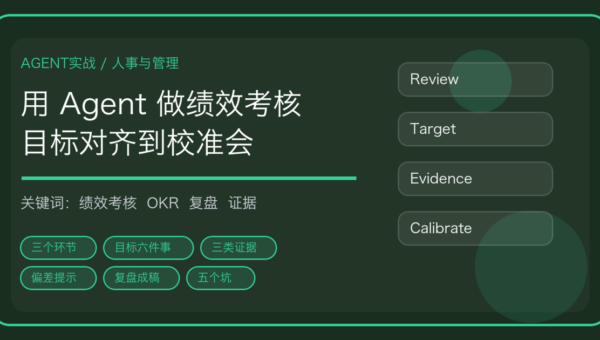 用 AI Agent 做绩效考核与 OKR 复盘的流程封面，含目标对齐、证据归集与校准会关键词