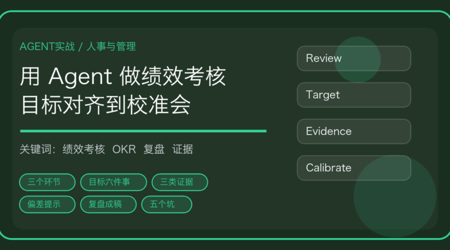 用 AI Agent 做绩效考核与 OKR 复盘的流程封面，含目标对齐、证据归集与校准会关键词