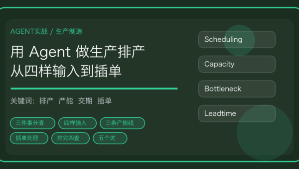 用 AI Agent 做生产排产与产能核算的流程封面，含订单交期、瓶颈工序与插单处理关键词