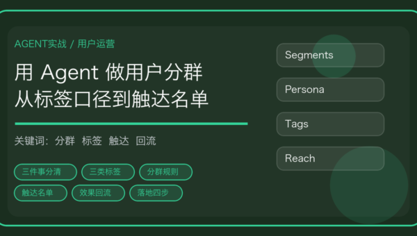 用 AI Agent 做用户分群与人群画像的流程封面，含标签口径、分群规则与触达名单关键词