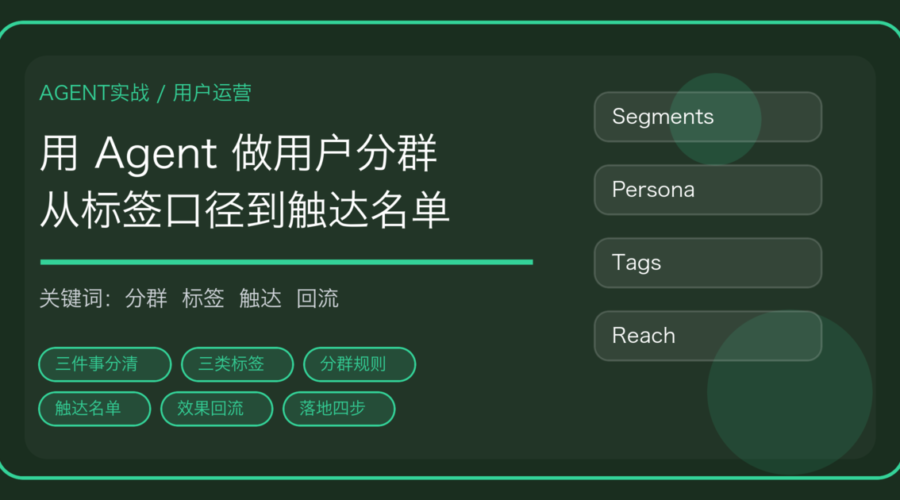 用 AI Agent 做用户分群与人群画像的流程封面，含标签口径、分群规则与触达名单关键词