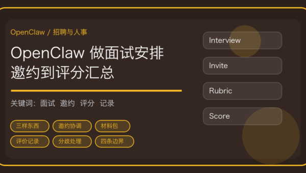 OpenClaw 做招聘面试安排与面试评价记录的流程封面，含邀约协调、评价表与评分汇总关键词